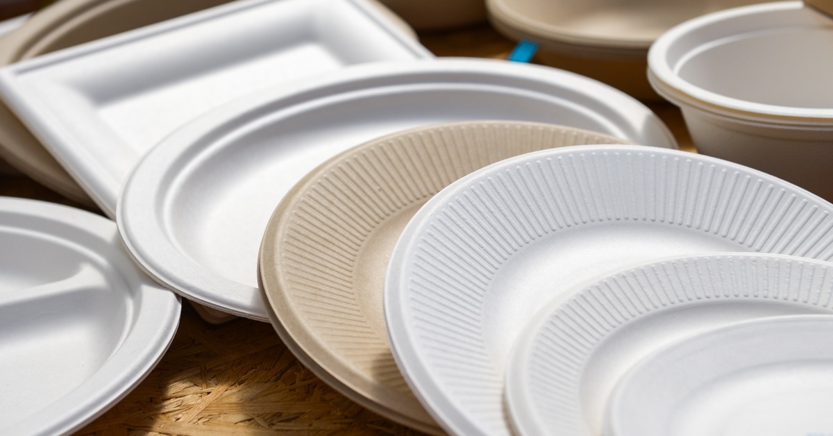 Pros and Cons of Disposable vs. Reusable Plates A variety of paper, disposable plates laying on top of each other. Some are white and some are brown Kraft paper.