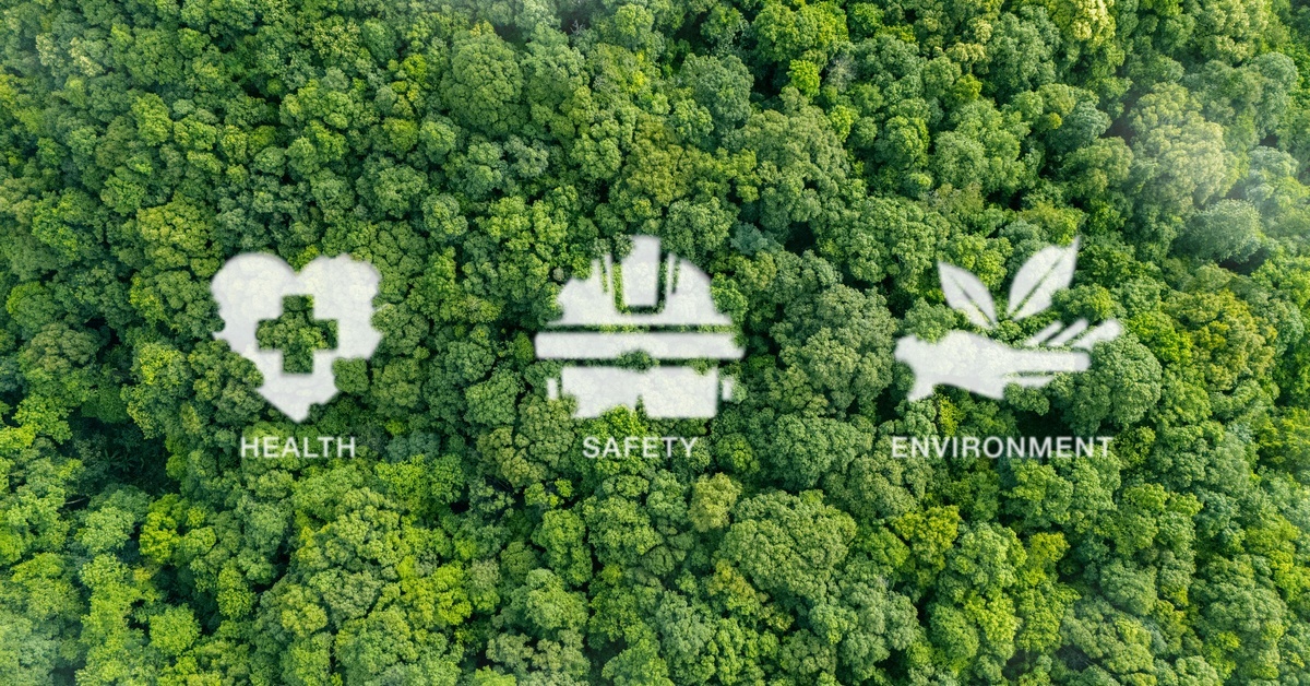An aerial view of a dense green forest with health, safety, and environment icons overlaid across the treetops. An aerial view of a dense green forest with health, safety, and environment icons overlaid across the treetops.