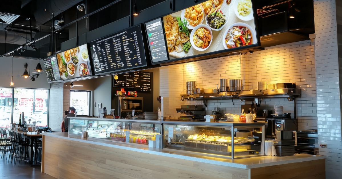 Modern fast-casual restaurant with digital menu boards, a lit display case, and white tile walls behind the order counter.