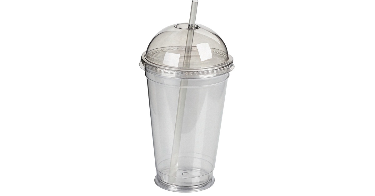 A close-up of a clear plastic drink cup with a dome lid and a clear plastic straw against a white background. A close-up of a clear plastic drink cup with a dome lid and a clear plastic straw against a white background.