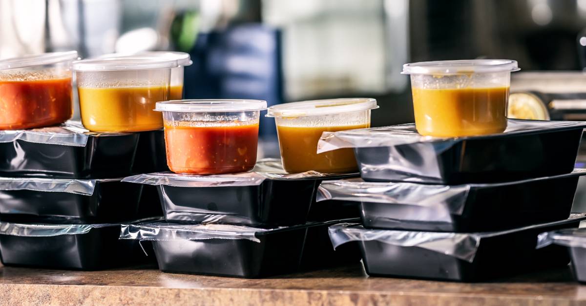 Stacks of black disposable food containers, some with foil over the top, ready for delivery or pickup.