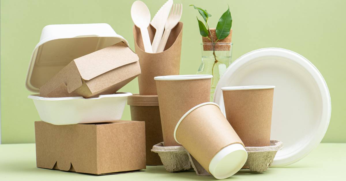 A carefully displayed stack of disposable and recyclable containers for food, including cups, plates, and utensils.