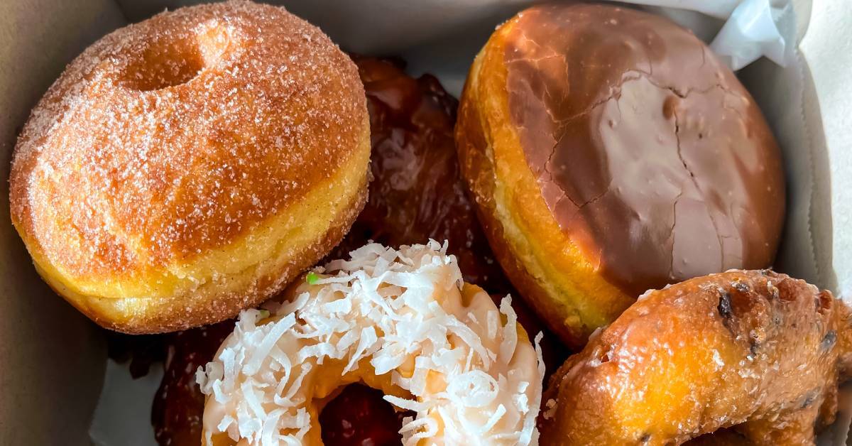 A close-up on the inside of a donut box, featuring a coconut-glazed donut, an old-fashioned donut, and a chocolate-glazed donut.