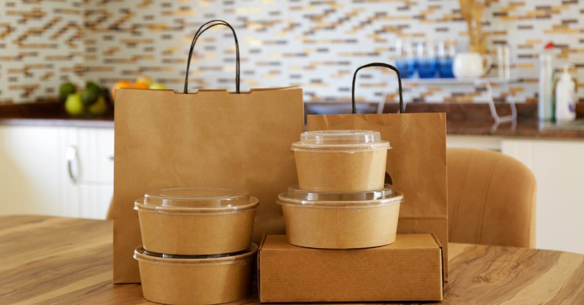 Several plain disposable containers for takeout food stacked with paper bags and bowls on a kitchen table.