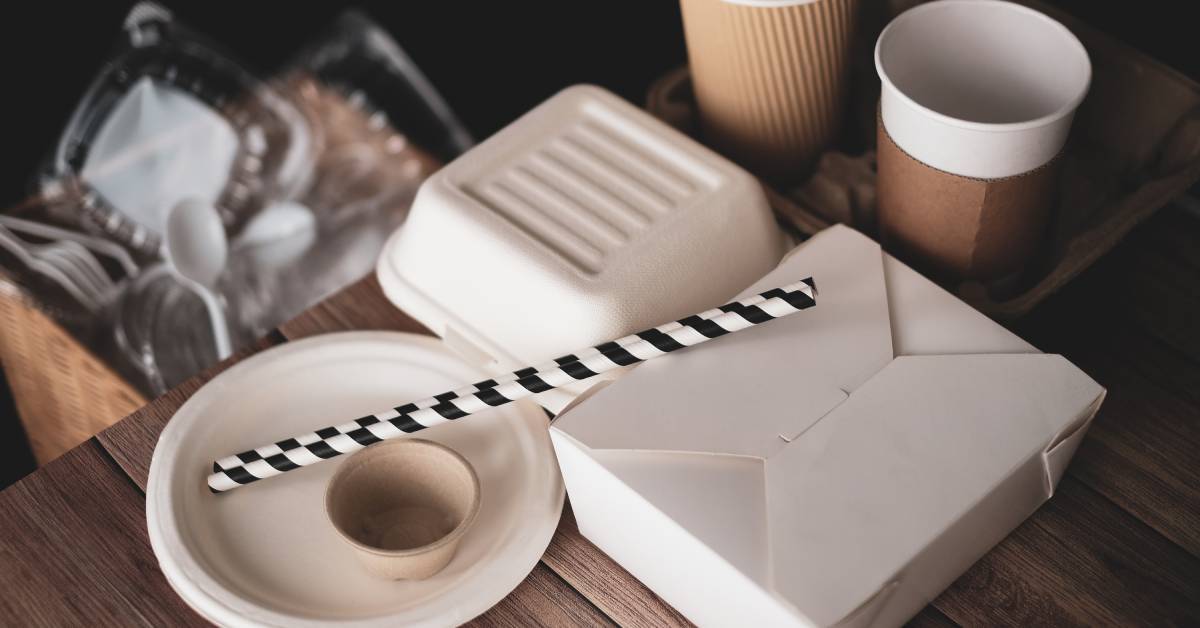 A variety of biodegradable containers and eco-friendly disposable food items are arranged on a wooden surface.