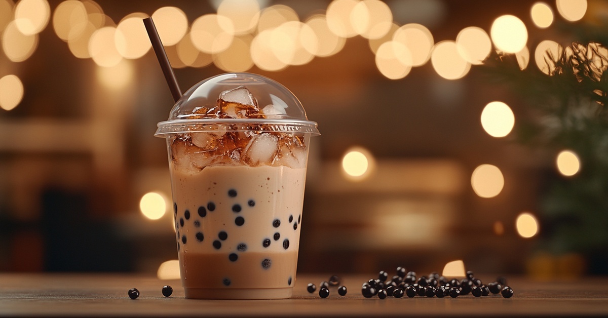 An iced milk tea with black pearls sits in a plastic container on a table. Lights shine in the background.